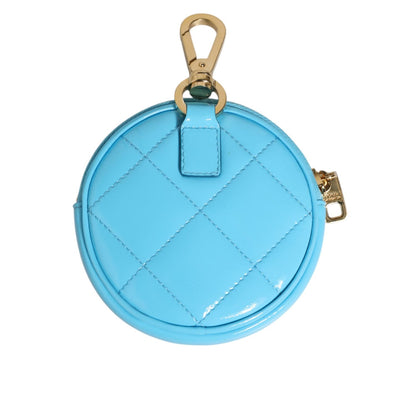 Dolce & Gabbana Azure Blue Leather Round Coin Purse Keychain Crystal Logo Wallet