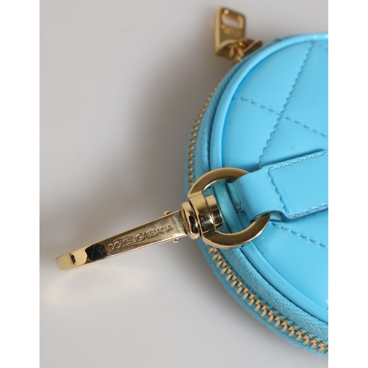 Dolce & Gabbana Azure Blue Leather Round Coin Purse Keychain Crystal Logo Wallet