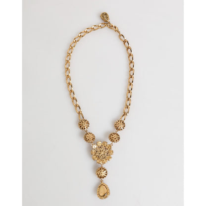 Dolce & Gabbana Gold Brass Crystal Pearl Purple Floral Pendant Jewelry Necklace