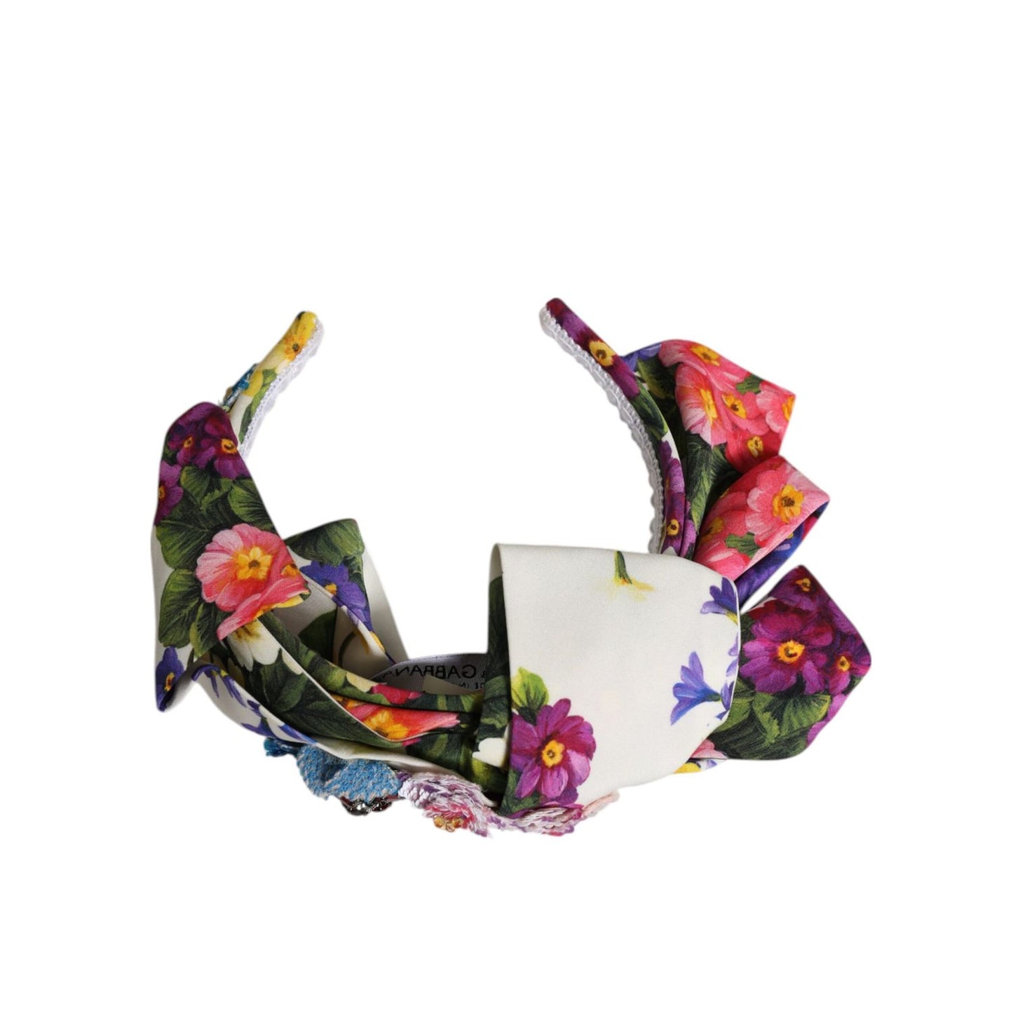 Dolce & Gabbana White Multicolor Floral Silk Bow Crystal Embellished Headband