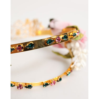 Dolce & Gabbana Gold Floral Tiara Pink Roses Crystal Crown Headband
