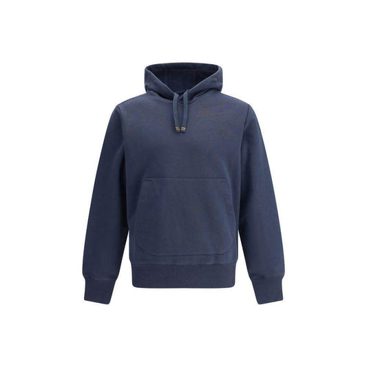 Parajumpers Everest Hoodie in navy featuring adjustable hood and pouch pocket, emblem on sleeve, made of stretch cotton-polyester fleece.