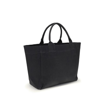 Ganni Black Recycled Cotton Shoulder Bag with top handles and large compartment, featuring puppy print and GANNI logo.