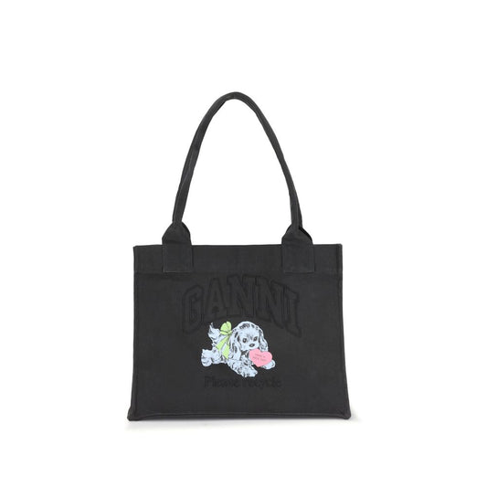 Ganni Black Cotton Shoulder Bag with puppy graphics, top handles, and embroidered logo, suitable for everyday use and organization.