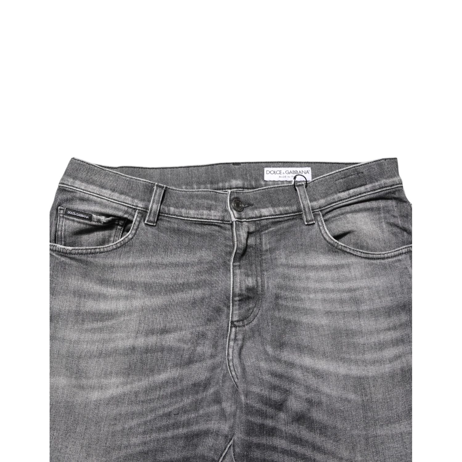 Dolce & Gabbana Grey Cotton Denim Slim Fit Distressed Pants Jeans