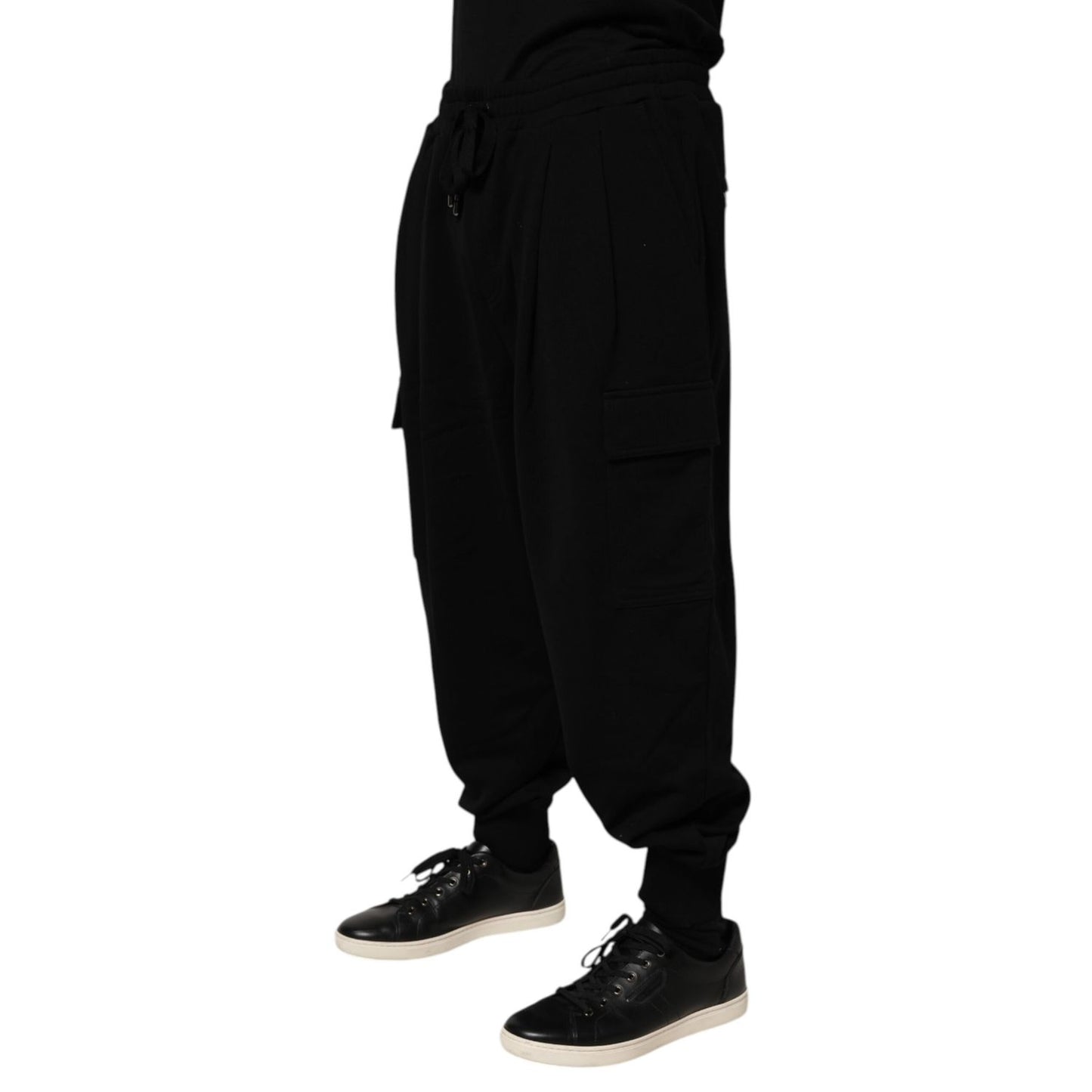 Dolce & Gabbana Black Cotton Blend Cargo Joggers Drawstring Pants featuring elastic waist and cargo pockets