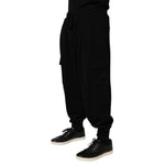 Dolce & Gabbana Black Cotton Blend Cargo Joggers Drawstring Pants featuring elastic waist and cargo pockets