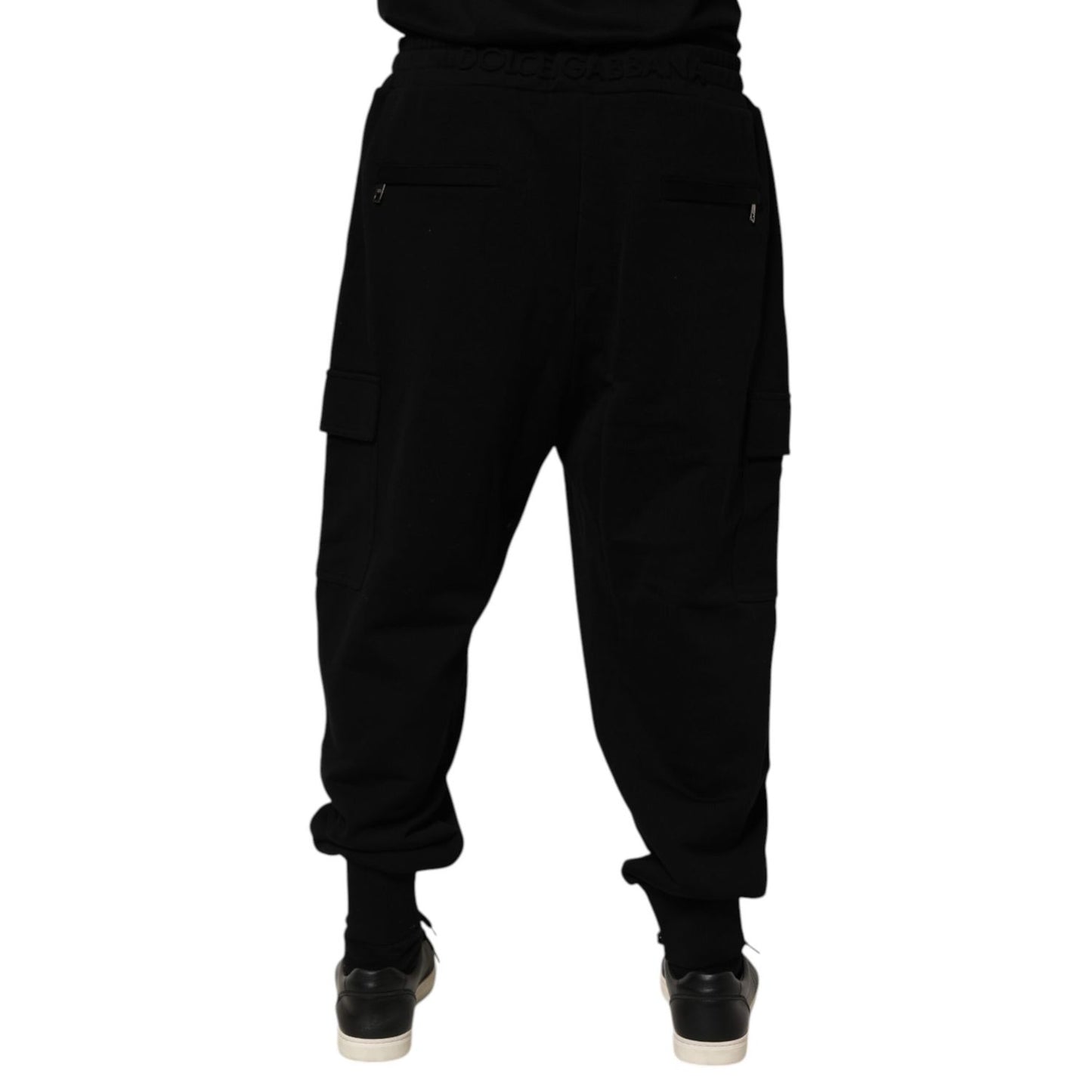 Dolce & Gabbana Black Cotton Blend Cargo Joggers Drawstring Pants with elastic waistband and side cargo pockets.