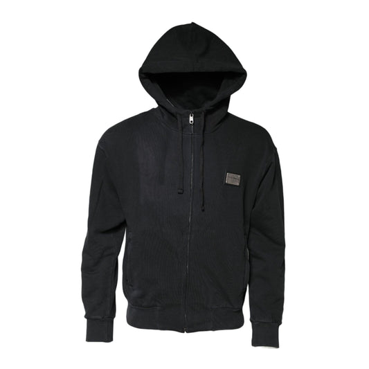 Dolce & Gabbana Black Logo FullZip Hooded Sweatshirt Sweater in 100% cotton, featuring iconic logo and zip closure for luxury streetwear.
