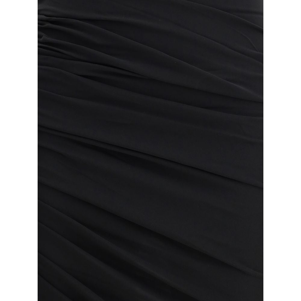 Close-up of ruched details on Jacquemus Black Acetate Casual Dress with asymmetric hemline and elegant design.