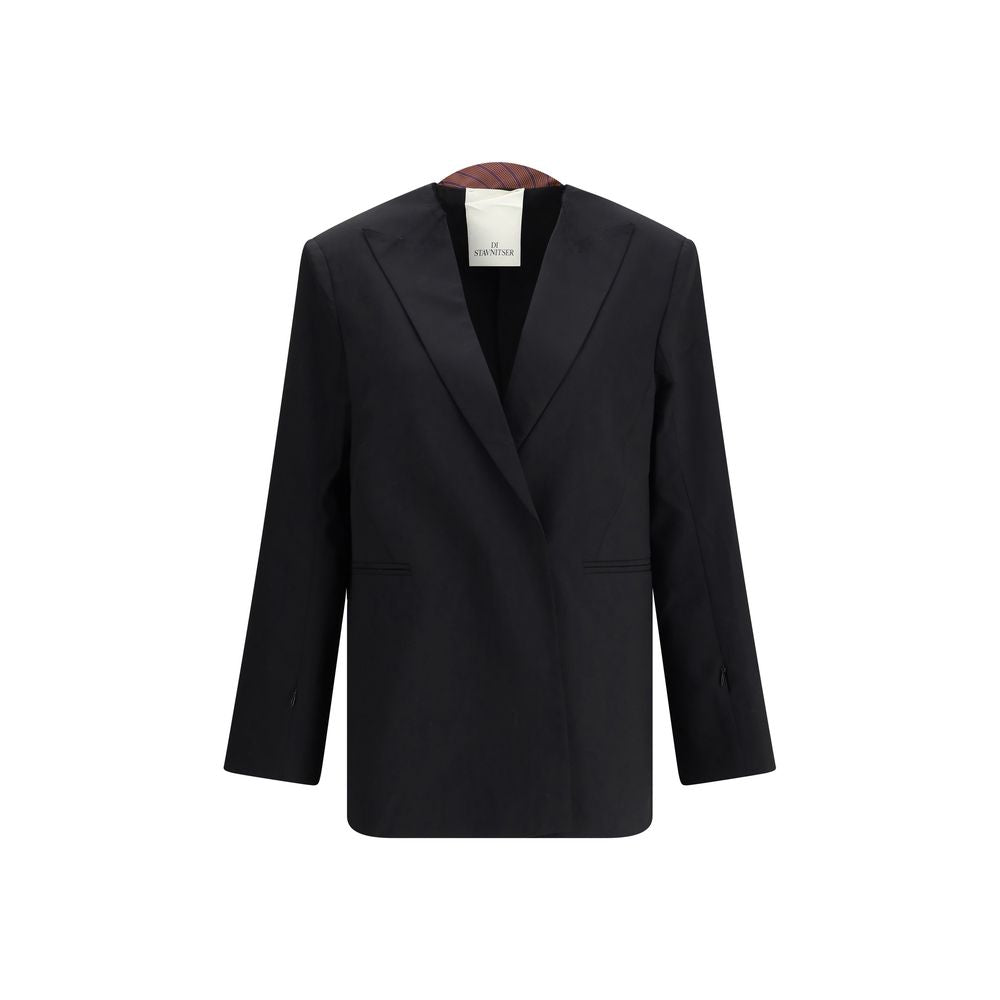 Di Stavnitser Black Polyester Blazer featuring raw-cut peak lapels and concealed button closure, elegant design for AW25.