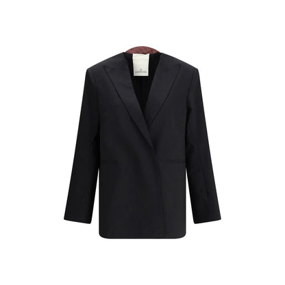 Di Stavnitser Black Polyester Blazer featuring raw-cut peak lapels and concealed button closure, elegant design for AW25.