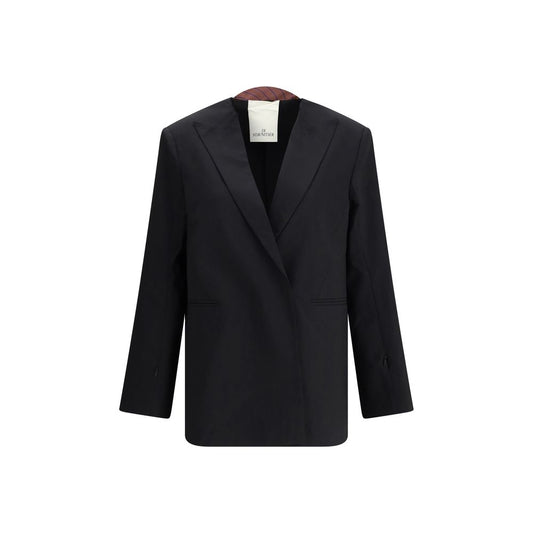 Di Stavnitser Black Polyester Blazer featuring raw-cut peak lapels and concealed button closure, elegant design for AW25.