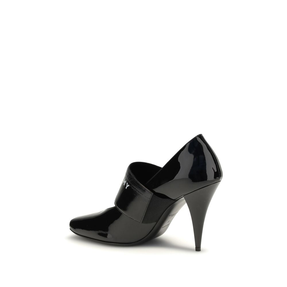Givenchy Black Calf Leather Bos Taurus High Heel Pumps with square toe and GIVENCHY logo strap, conical heel, elegant design.
