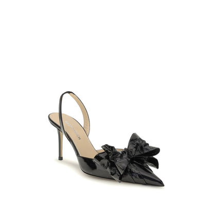 MACH & MACH Black Leather High Heel Pumps with pointed toe, tonal bow, ankle strap, and glossy finish, perfect for glamourous looks.