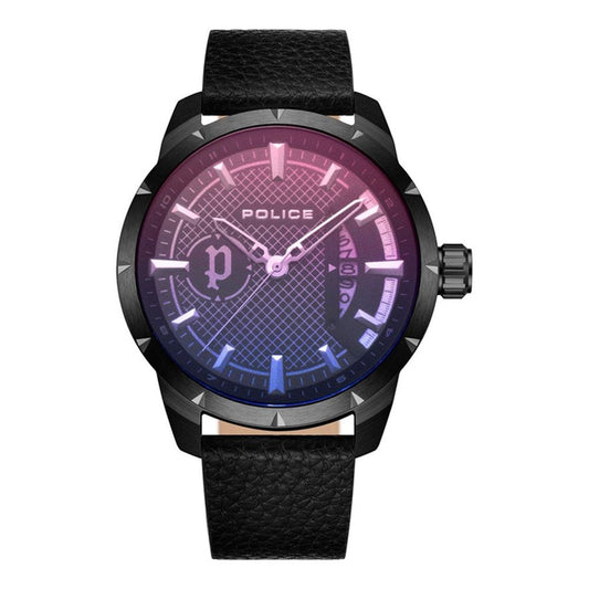 Alt Tag: Police Black Leather Watch with stainless steel case, multicolored dial, quartz mechanism, 5ATM water resistance, buckle closure.