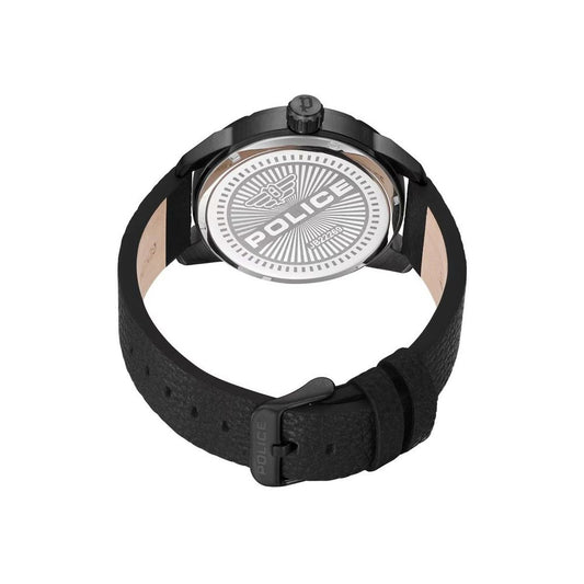 Back view of Police Black Leather Watch with stainless steel case and leather strap, featuring analog quartz movement and buckle closure.