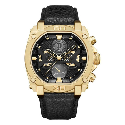 Police Black Leather Watch with golden stainless steel case and black dial, analog display, quartz mechanism, luxury men's accessory.