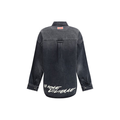 Kenzo Black Denim Shirt with Futura 2000 Boke Flower embroidery, classic collar, and button cuffs, back view.