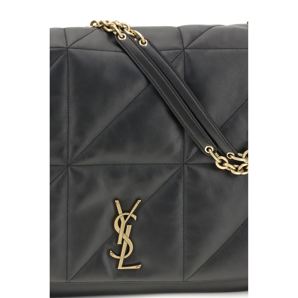 Close-up of Saint Laurent Black Lamb Ovis Aries Aries Shoulder Bag with embossed YSL logo and gold chain strap on black leather.