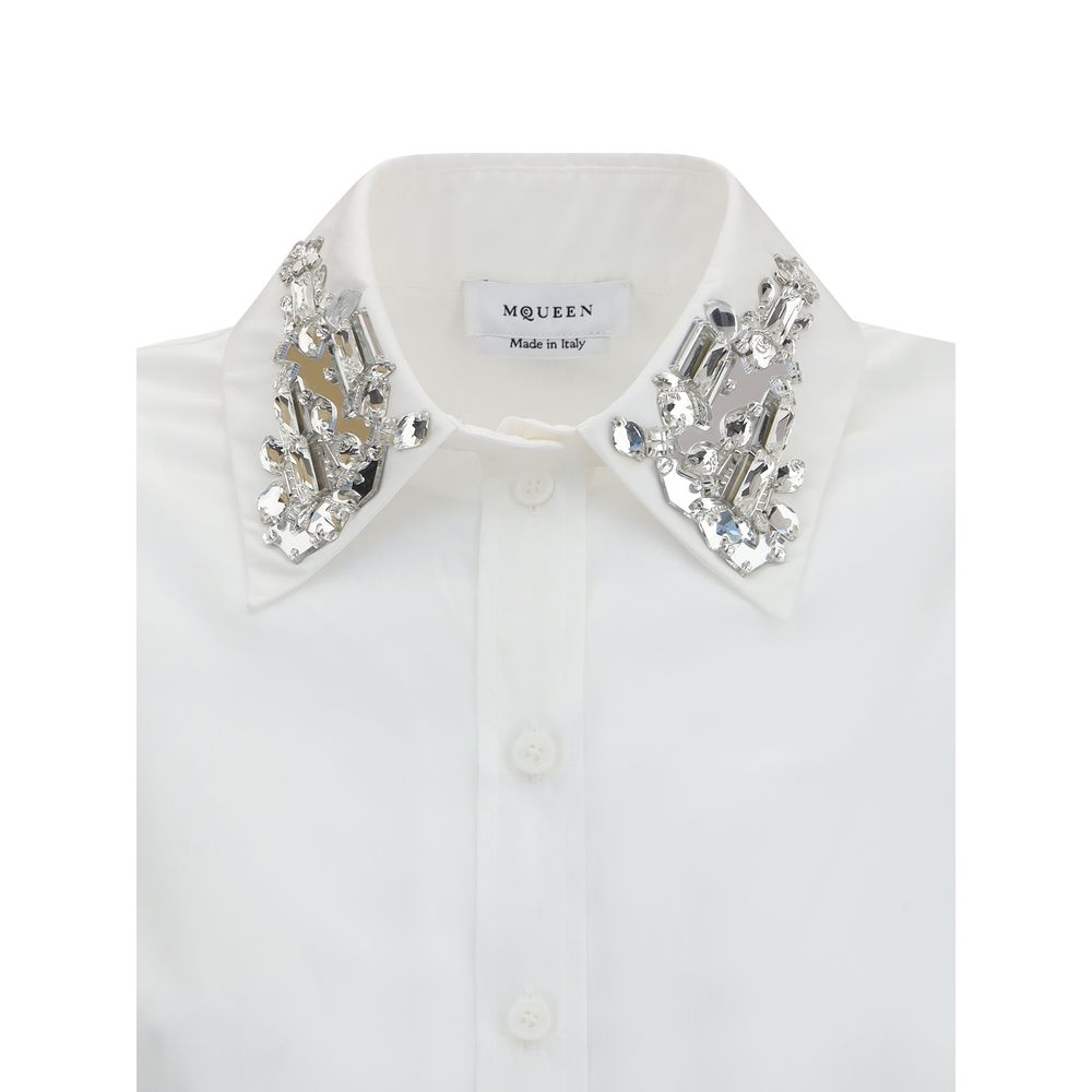 Alexander McQueen White Cotton Dress Shirt with embellished collar, perfect for formal and contemporary looks, AW25 season.