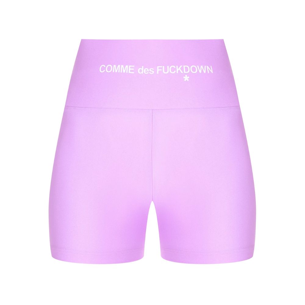 Comme Des Fuckdown Purple Polyester Short with front logo print, stretch lycra biker shorts displayed against white background.