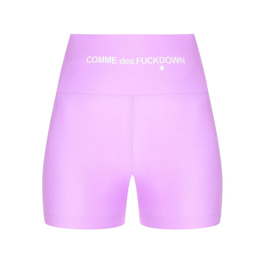Comme Des Fuckdown Purple Polyester Short with front logo print, stretch lycra biker shorts displayed against white background.