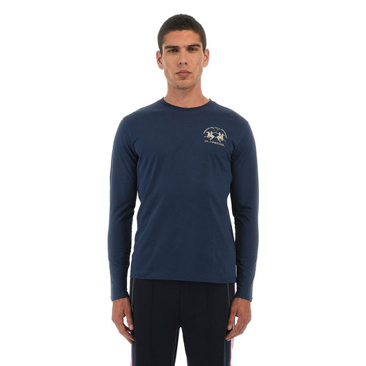 Man wearing La Martina Blue Cotton T-Shirt with embroidered logo, long-sleeved.