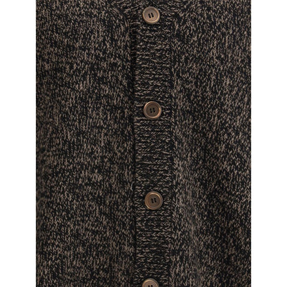 Close-up of Our Legacy Brown Wool Cardigan with bear twist mouline wool, showcasing mother-of-pearl buttons and ribbed placket.