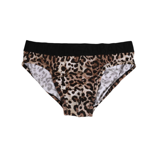 Dolce & Gabbana Brown Cotton Leopard Logo Midi Brief Underwear