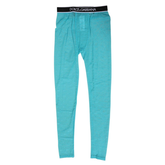 Dolce & Gabbana Light Blue Nylon Logo Lace Leggings Pants Underwear on white background, showcasing brand logo and sleek design.