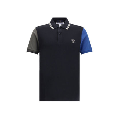 Comme Des Garçons Black Cotton Polo Shirt with green and blue sleeves, regular fit, and avant-garde design.