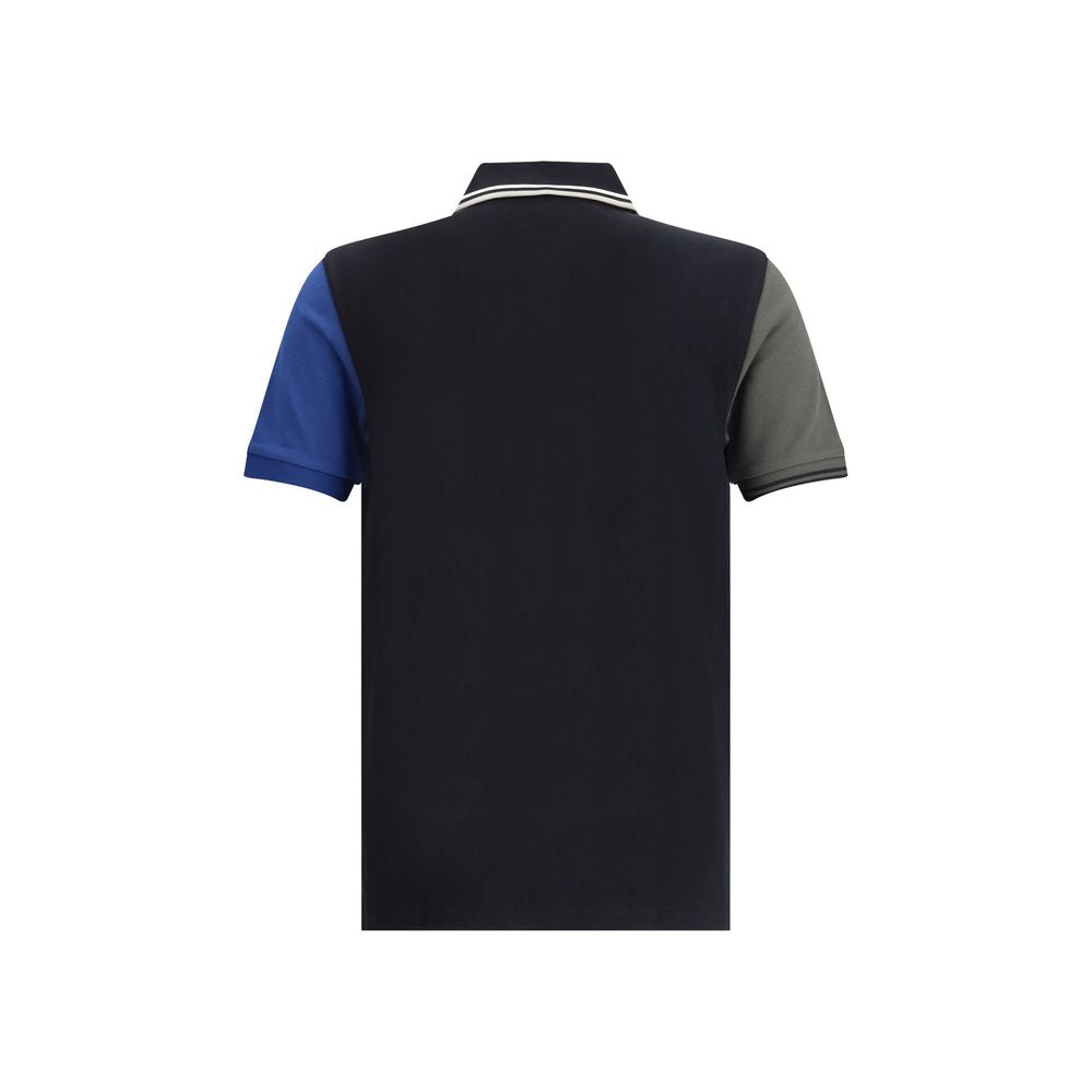 Comme Des Garçons Black Cotton Polo Shirt with blue left sleeve and green right sleeve, featuring a contemporary design.