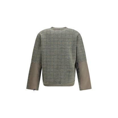Back view of Margiela Green Fleece Wool Sweatshirt with grid pattern and V-neckline, ideal for winter wear and contemporary styling.