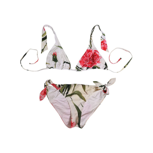 Dolce & Gabbana White Floral Swimsuit 2 Piece Top Bottom Swimwear with colorful floral prints on white background.