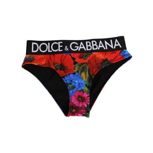 Dolce & Gabbana Black Floral Print High Waist Panty Underwear, showcasing bold flowers and logo waistband, made in Italy.