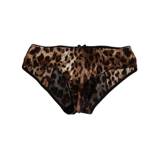 Dolce & Gabbana Brown Leopard Silk Mid Waist Panty Underwear with logo in brown leopard print, made in Italy.