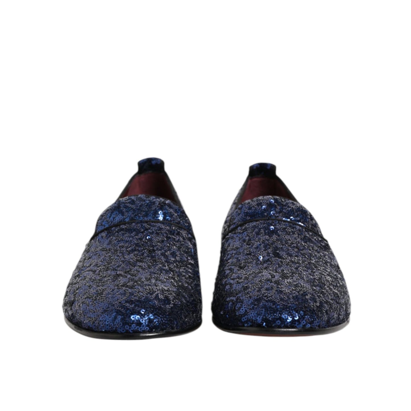 Dolce & Gabbana Blue Sequined Loafers Slippers Men Dress Shoes with shimmering sequins and sleek design, front view.