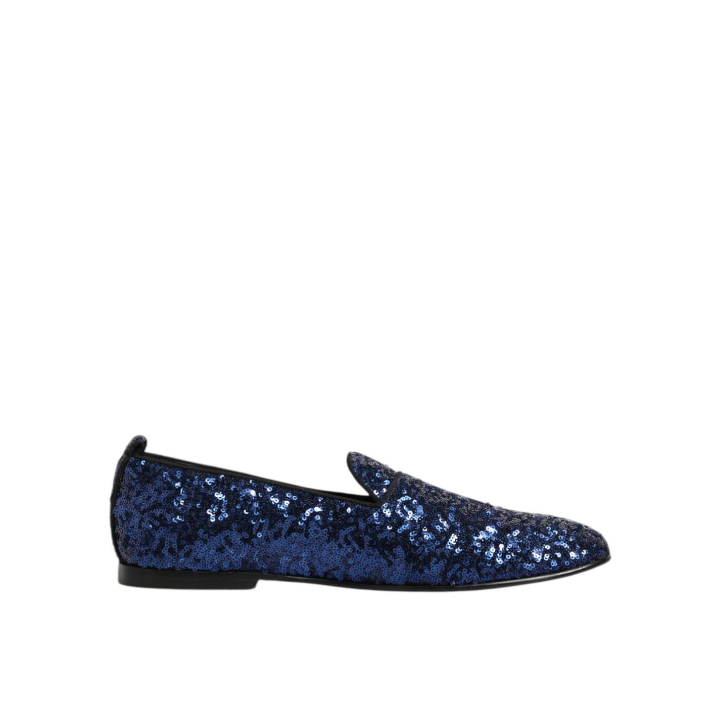 Dolce & Gabbana Blue Sequined Loafers Slippers Men Dress Shoes with shimmering design and sleek slip-on style.