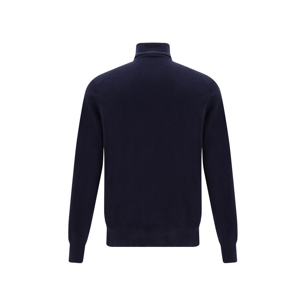 Back view of Brunello Cucinelli Blue Cashmere Cashmere Sweater with high collar and ribbed cuffs