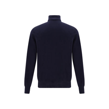 Back view of Brunello Cucinelli Blue Cashmere Cashmere Sweater with high collar and ribbed cuffs