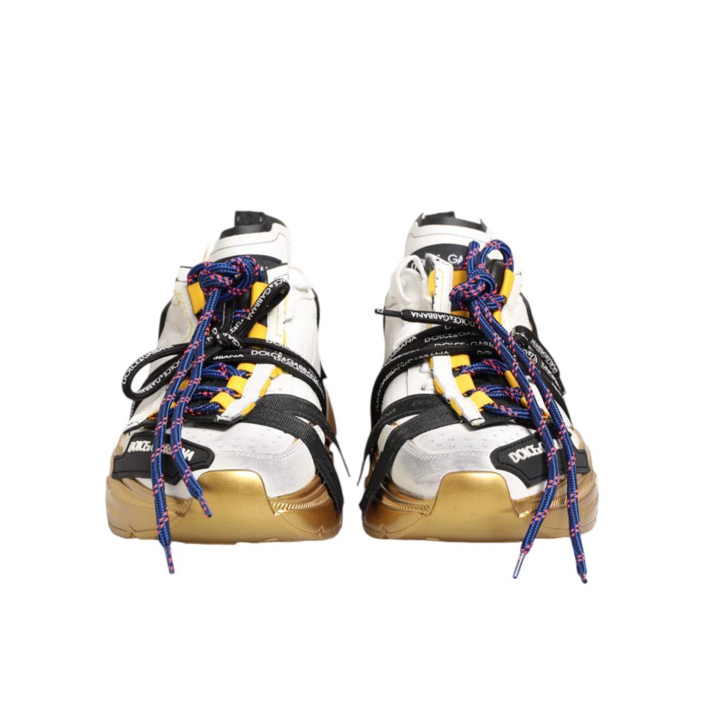 Dolce & Gabbana Multicolor Daymaster Low Top Sneakers Shoes with gold accents and colorful laces, front view.