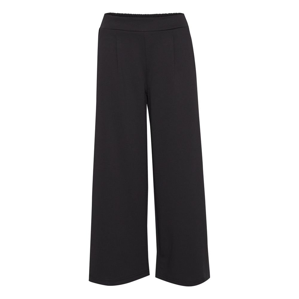 ICHI Black Recycled Polyester Flared Pants with bootcut design and mid-rise waist for modern style and comfort.
