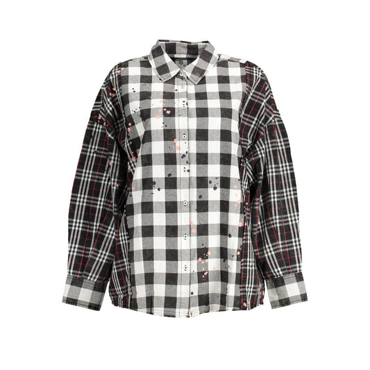 Desigual Black Cotton Shirt, long sleeve with 1 button cuffs, Italian collar, contrasting details, and logo, ideal for casual wear.