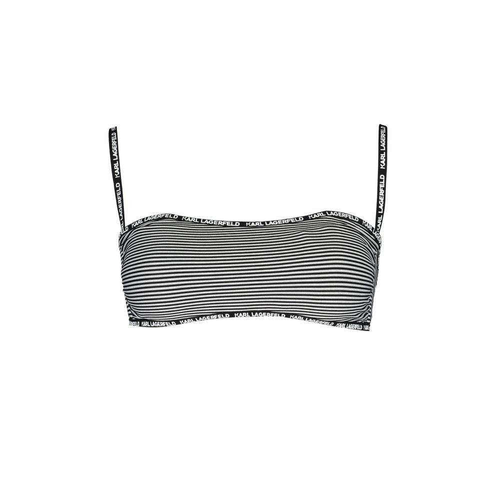 Karl Lagerfeld Black Elastane Swimwear with striped design, removable straps, and logo print on band.
