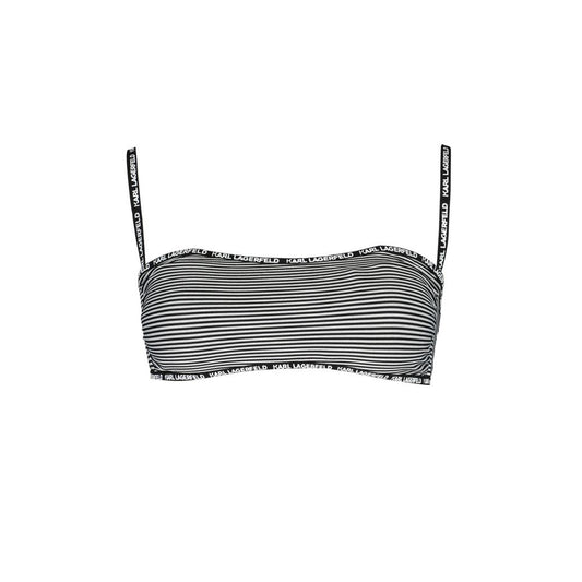Karl Lagerfeld Black Elastane Swimwear with striped design, removable straps, and logo print on band.