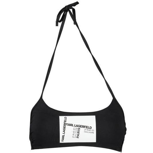Karl Lagerfeld Black Elastane Swimwear; lined band swimsuit with neck tie, clip closure, removable padding, and contrasting logo print.