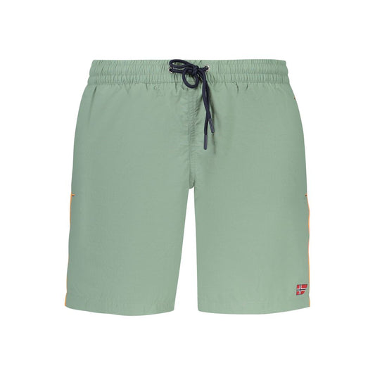 Norway 1963 Green Polyamide Swimwear swim boxer with elastic waist, laces, pockets, contrasting details, and logo design.
