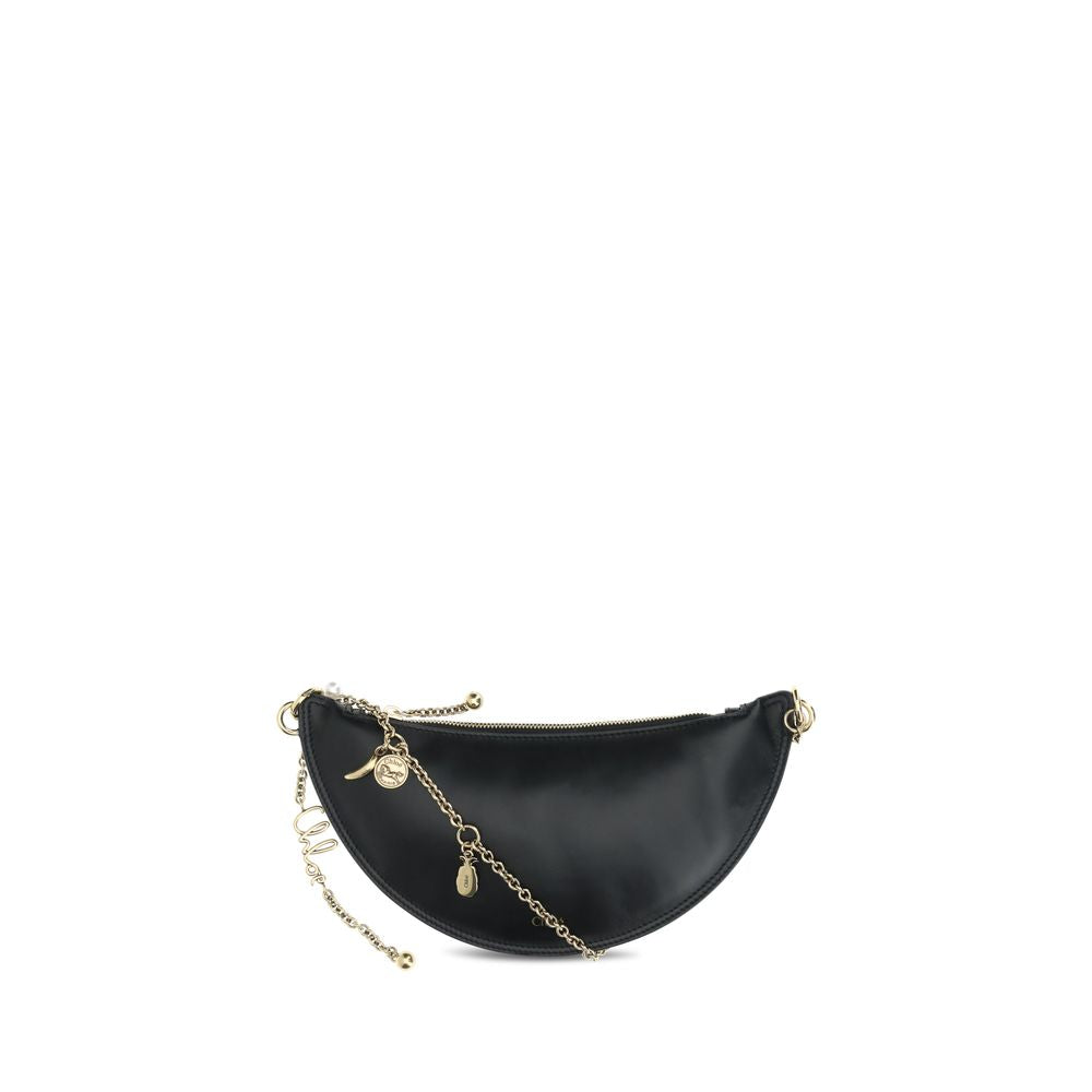 Chloé Icons Shoulder Bag in black lambskin with gold chain, charms, and Horse Medal detail, perfect for elegant cross-body wear.