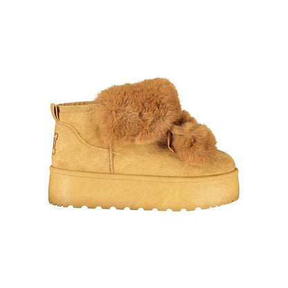 Laura Biagiotti Brown Polyester Women Boot with pom poms and fur collar, 4 cm wedge for luxury and comfort.
